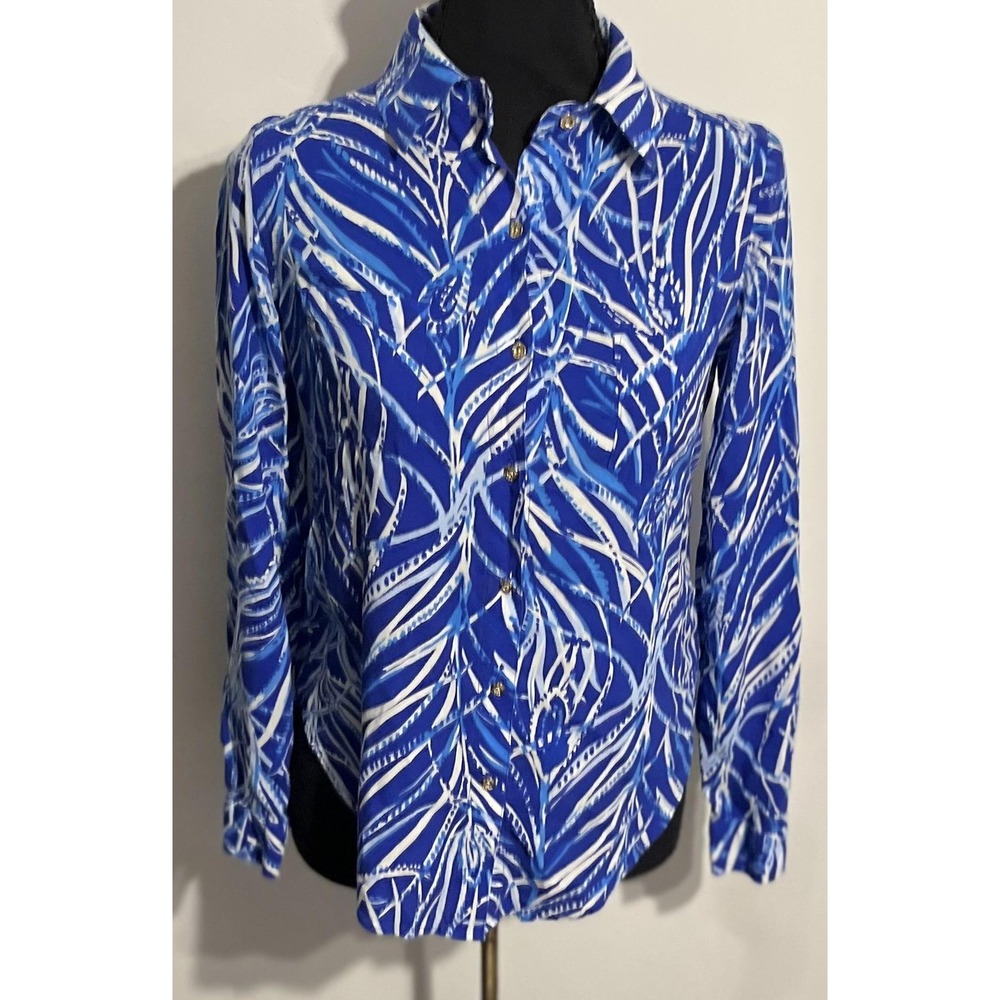 Lilly Pulitzer Shirt Womens XS Blue White Button Down Long Sleeve Rayon Print